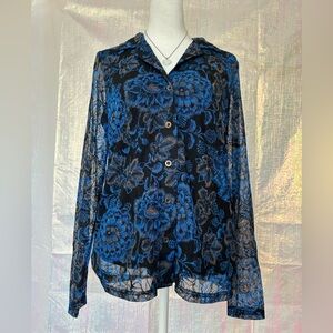 Jane & Delancey Black and Blue Sheer Button-Down Blouse. Size S.